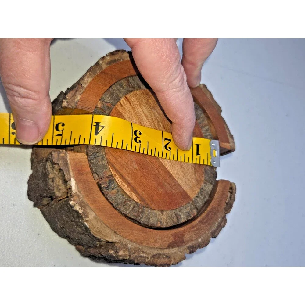 Set of 4 Rustic Primitive Live Edge Wooden Coasters with Holder